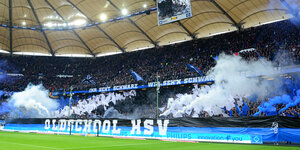 Weißer, schwarzer und blauer Rauch: Fans des Hamburger SV brennen im eigenen Volksparkstadion Pyrotechnik ab