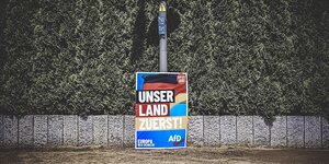 Ein AfD-Wahlplakat zur Europawahl ist aneinen Schildermasten gelehnt