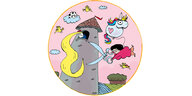 Farbiger Cartoon: Ein Turm, aus dem Fenster lehnt sich Rapunzel und lässt ihr Haar herunter. Eine Frau, die mit Hilfe eines Einhorn-Luftballons in die Lüfte gestiegen ist, macht sich mit einer Schere an den Haaren Rapunzels zu schaffen.
