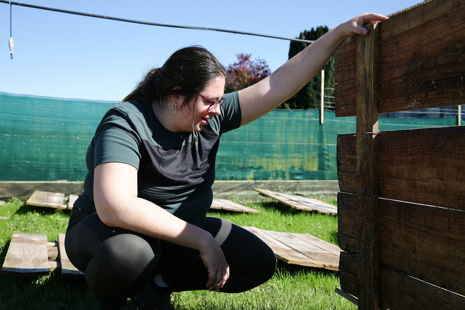 Eine Person hockt auf einer Wiese