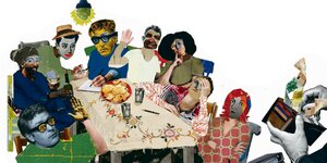 Eine Gruppe sitzt an einen Küchentisch -nachdenkliche Stimmung