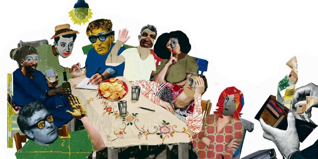 Eine Gruppe sitzt an einen Küchentisch -nachdenkliche Stimmung