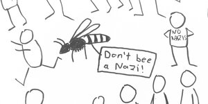 eine gezeichnete Biene mit Schild, darauf steht "Don't Bee a Nazi", daneben sind mehrere Strichmenschen zu erkennen
