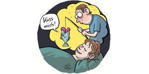 Farbiger Cartoon: Ein junger Mann liegt im Bett und schläft. Im Traum erscheint ihm ein Mann, der ihm mit einer Angel einen Fisch vors Gesicht hält, der ruft: „Küss mich!"