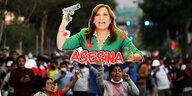 Eine Demonstratin trägt ein Foto der peruanischen Präsidentin auf dem sie mit Waffen zu sehen ist. Darunter steht das Wort "Asesina"