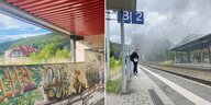 Bahnsteig und Graffitiwand, zwei Fotos