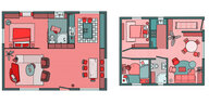 Die Grundrisse von zwei Wohnungen: links viel Platz für eine Person, rechts eine vollgestopfte Wohnung, alles wirkt eng und gedrängt