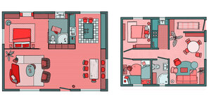 Die Grundrisse von zwei Wohnungen: links viel Platz für eine Person, rechts eine vollgestopfte Wohnung, alles wirkt eng und gedrängt