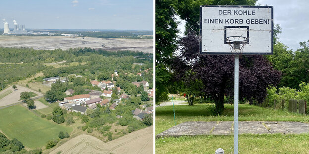 Zwei Fotos, eine Landschaftsaufnahme mit Kohlekraftwerk und ein Basketballkorb, auf den gschrieben steht: "Der Kohle einen Korb geben"