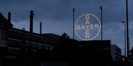 Umrisse einer Häuserreihe in der Abenddämmerung mit hohen Schornsteinen. Aus den Gebäuden ragt das LED-Logo "Bayer" heraus.