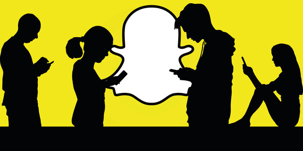 Schwarze Silhouetten von Jugendlichen, die auf ihre Smartphones schauen, vor gelbem Hintergrund mit Snapchat-Logo