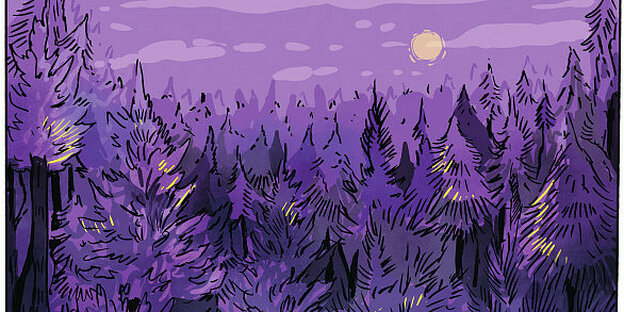 Eine Abendlandschaft in lila Farbe