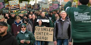 Teilnehmer einer Demonstration gehendie Strasse entlang, ein Plakat weist darauf hin: EU unser Untergang