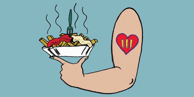 Illustration eines tätowierten Arms, die Hand hält eine Schale mit Pommes Frites