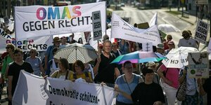 Teilnehmer halten Schilder und Plakate mit der Aufschrift «Omas gegen Rechts» hoch.