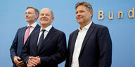 Finanzminister Christian Lindner, Bundeskanzler Olaf Scholz und Wirtschaftsminister Robert Habeck