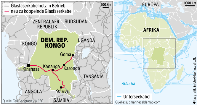 Zwei Karten zeigen den Glasfaserausbau in der Demokratischen Republik Kongo und umliegenden Staaten. Drei neue geplante Kabel in Kongo würden die Nachbarstaaten im Osten, Westen und Süden Kongos miteinander verbinden.