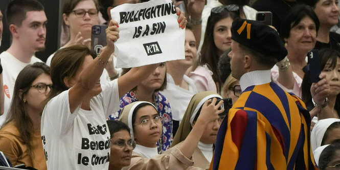 Eine Frau hält ein Plakat mit der Aufschrift "Stierkampf ist eine Sünde" während der wöchentlichen Generalaudienz von Papst Franziskus im Vatikan hoch.