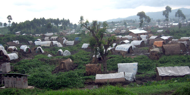 Weiße UNHCR-Zeltplanen bedecken provisorische Hütten in einem Flüchtlingslager bei Goma