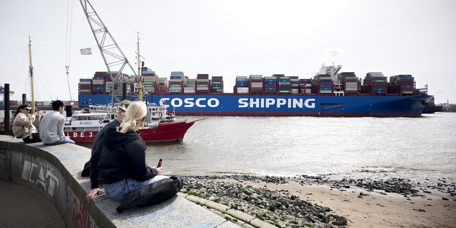 Personen sitzen am Ufer und schauen auf ein vorbeiziehendes Containerschiff