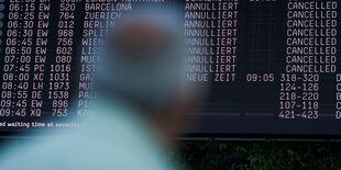 Eine Person vor einer Anzeigentafel, die annulierte Flüge anzeigt