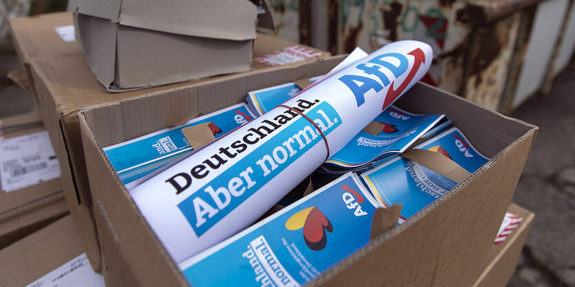 Ein Papkarton mit Plakaten der AFD, auf einem steht "Deutschland. Aber normal."