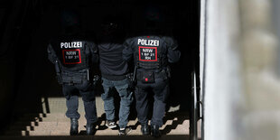 Polizisten in Schutzausrüstung schleppen einen Demonstranten in eine U-Bahn-Station, zu sehen auf den Protesten gegen den 15. Bundesparteitag der AfD in Essen Ende Juni 2024.