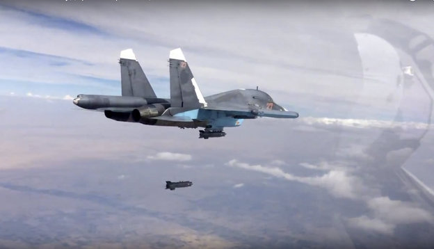 Ein russisches Flugzeug wirft eine Bombe ab