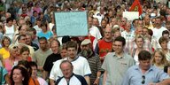 Zahlreiche Teilnehmer einer Demonstration ziehen mit Schildern gegen Hartz IV in Erfurt in einem langen Zug zur Staatskanzlei