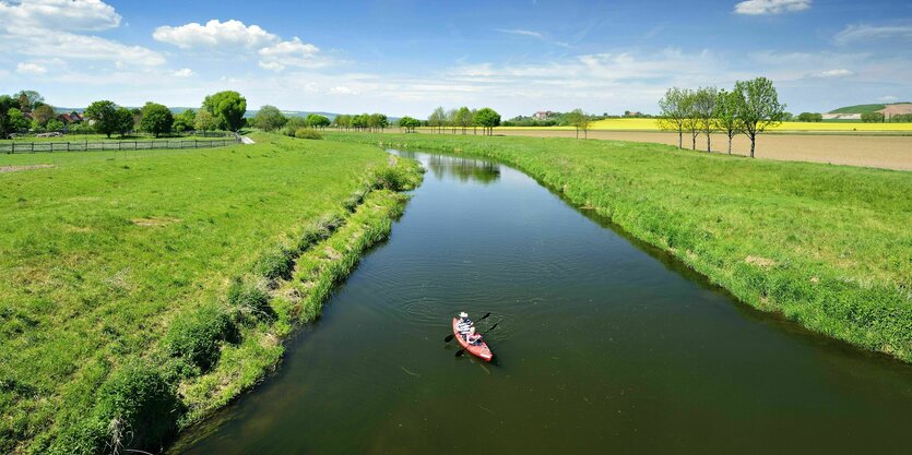 Ein einsamer Paddler auf der Unstrut, die von Weisen gesäumt wird