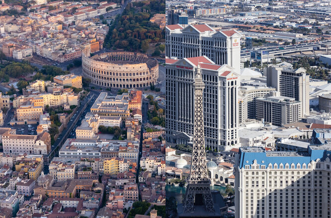 Zwei Fotos aus Vogelperpsektive von Las Vegas und Rom gegenüber gestellt