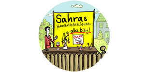 Cartoon: Ein Stand vor einem Haus. Ein Plakat kündigt an: „Sarahs Haushaltsauflösung - alles billig!