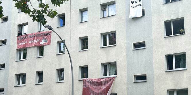 Das ehemals leerstehende und nun bewohnte Haus in der Habersaathstraße in Berlin-Mitte, mit drei Bannern, die aus den Fenstern hängen.