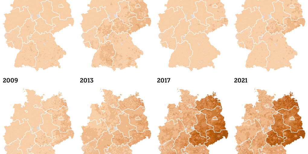 Acht Deutschlandkarten zeigen wieviele Stimmen rechte Parteien bei den Bundestagswahlen erhielten