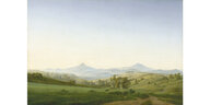 Landschaftsgemäle mit Hügeln und Bergen Caspar David Friedrich Böhmische Landschaft mit dem Milleschauer