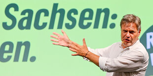 Robert Habeck vor einer grünen Wand mit Aufschrift "Sachsen"