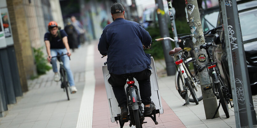 Ein Lastenrad auf einem Radweg und ein entgegenkommender Radfahrer