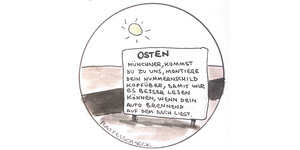 Ein Cartoon auf dem steht, dass ein Autofahrer sein Kennzeichen kopfüber montieren soll, damit man es besser lesen kann, wenn das Auto abgefackelt wird