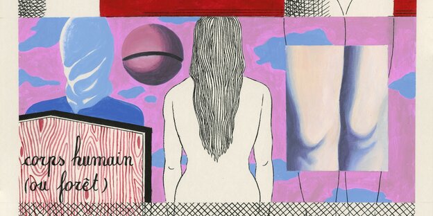 The cartoon shows a back view of a person with long hair. She is standing in front of a pink and blue background. Next to her is a person with his face covered, holding a sign with a picture of a knee and the following: 