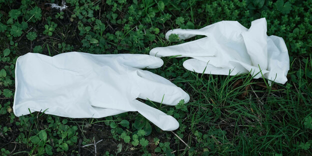 Zwei Latexhandschuhe liegen auf einer Wiese.