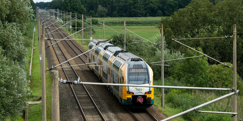 Sommerliche Landschaft, elektrifizierte Schienenauf denen eine Regionalbahn fährt, die nicht zur DB gehört