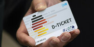 Eine Hand hält eine Plastikkarte, auf die das Deutschlandticket-Logo und die Aufschrift D-Ticket gedruckt sind.