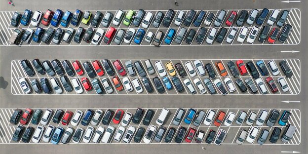 Drohnenaufnahme Parkplatz mit vielen PKW