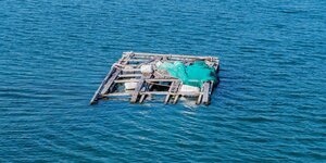 Ein zerstörtes Holzfloß auf dem Wasser