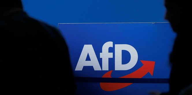 Delegierte gehen vor dem Parteilogo bei dem AfD-Bundesparteitag in Magdeburg