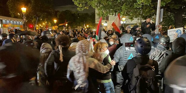 Eine Menschenmenge und Polizisten in schwerer Montur bei einer Demo in Berlin