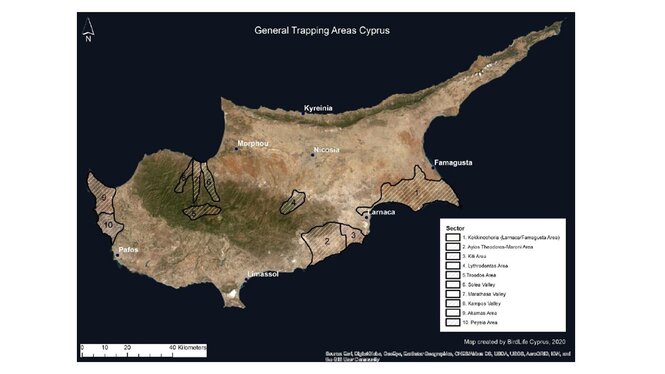 Karte der Insel Zypern zeigt Vogelfanggebiete