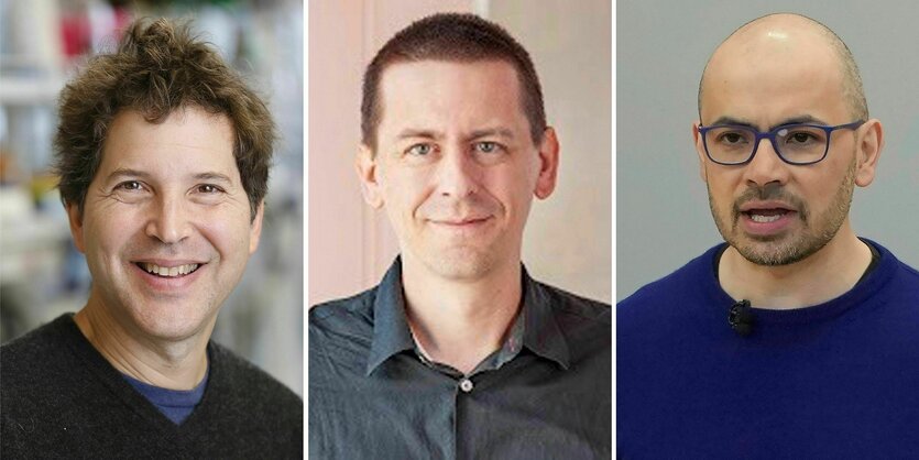 Diese Bildkombo zeigt den US-amerikanischen Biochemiker David Baker (l-r), den US-amerikanischen Forscher John Jumper und Demis Hassabis, CEO von DeepMind Technologies, der KI-Abteilung hinter Gemini