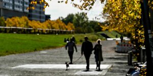 Passanten gehen auf grauer Straße bei Sonnenschein spazieren