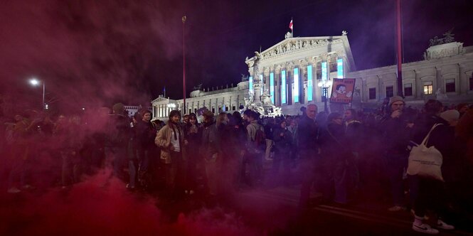 Demonstranten in der Nacht vor dem österreichischen Parlament